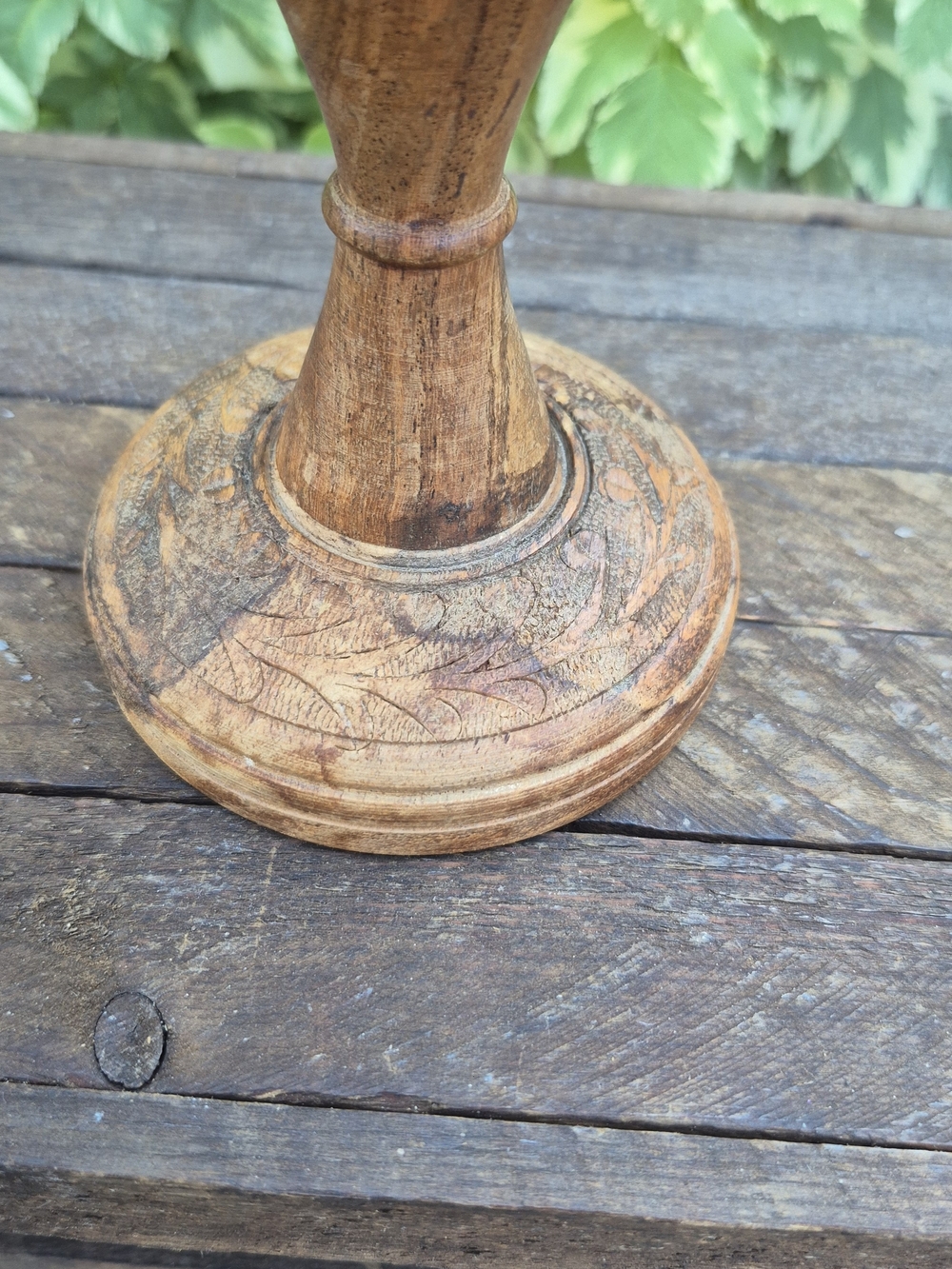 Vintage Hand Carved Wooden Pillar Candle Holder Stand | Rustic Boho Floral - Picture 8 of 13